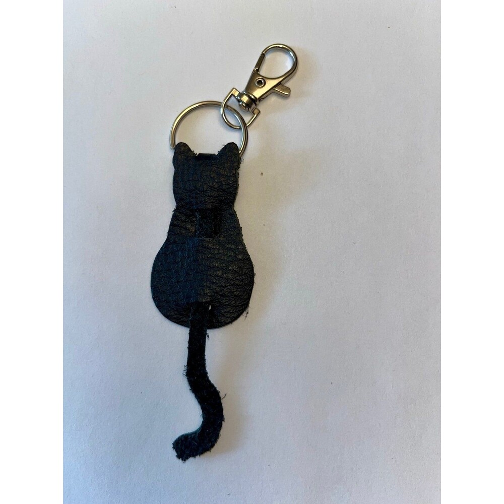 Keychain black cat handmade leather